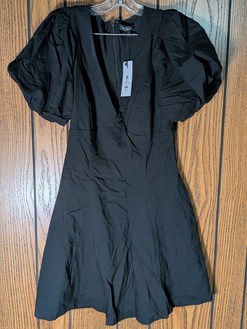 Dynamite Black Puff-Sleeve V-Neck Fit-and-Flare Dress M Brand New With Tags